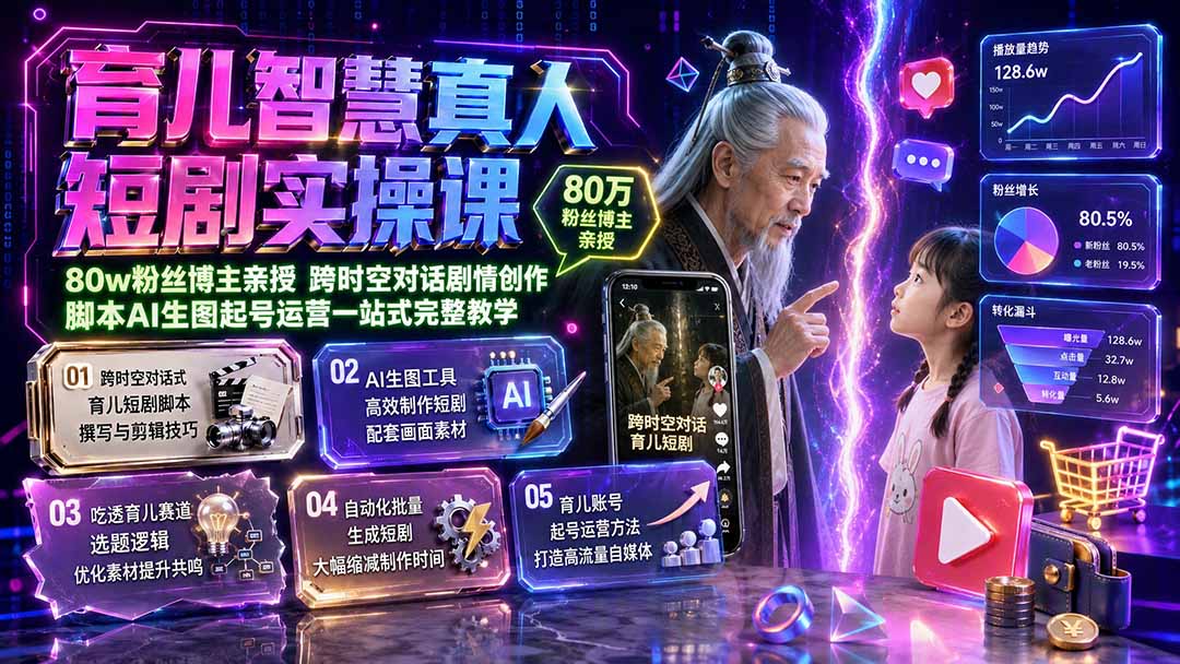 育儿智慧真人短剧实操课｜80w粉丝博主亲授，跨时空对话剧情创作，脚本AI生图起号运营一站式完整教学-大川资源分享站