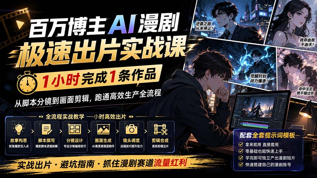 百万博主AI漫剧极速出片实战课：1小时产出条作品，从脚本分镜到画面剪辑，跑通高效生产全流程-大川资源分享站