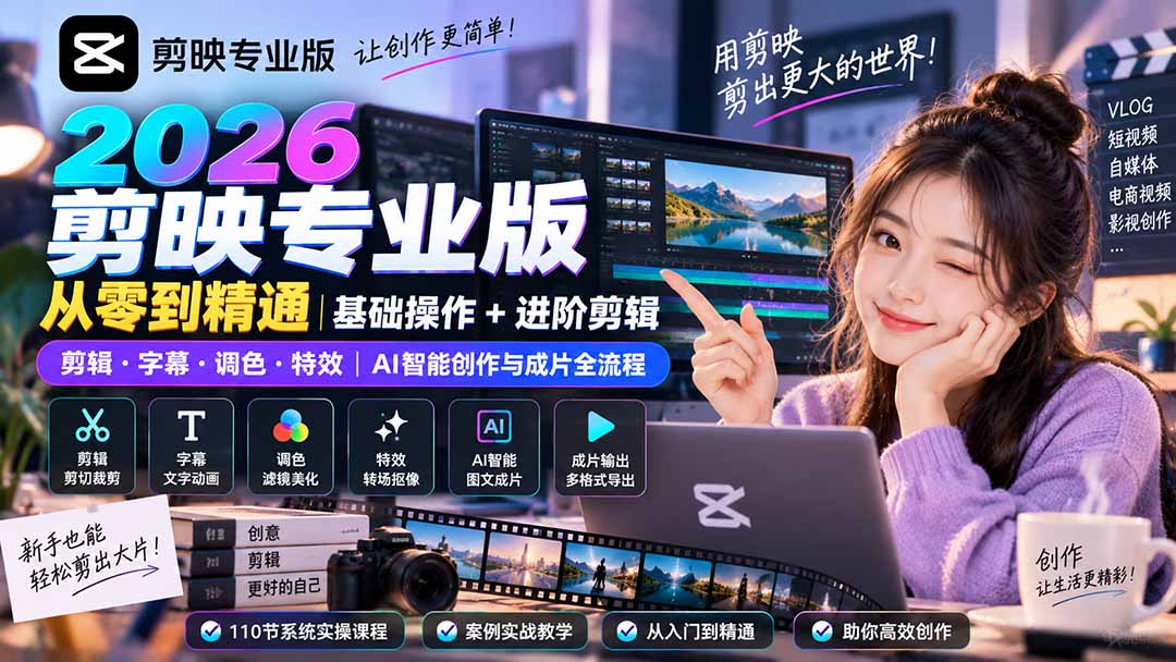 2026剪映专业版从零到精通｜基础操作+进阶剪辑｜剪辑·字幕·调色·特效｜AI智能创作与成片全流程-大川资源分享站