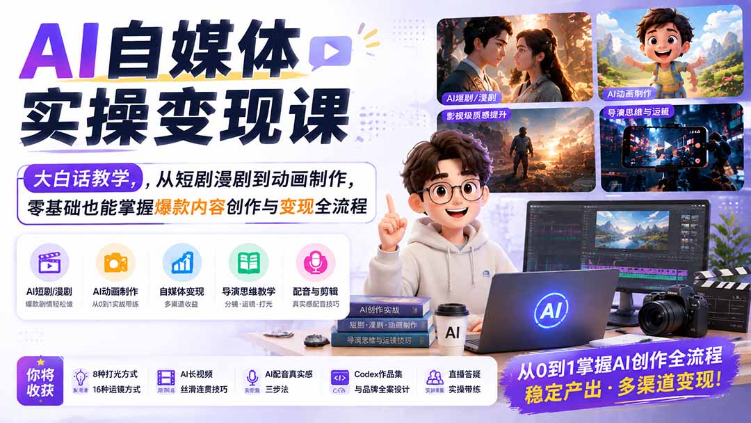 AI自媒体实操变现课｜大白话教学，从短剧漫剧到动画制作，零基础也能掌握爆款内容创作与变现全流程-大川资源分享站