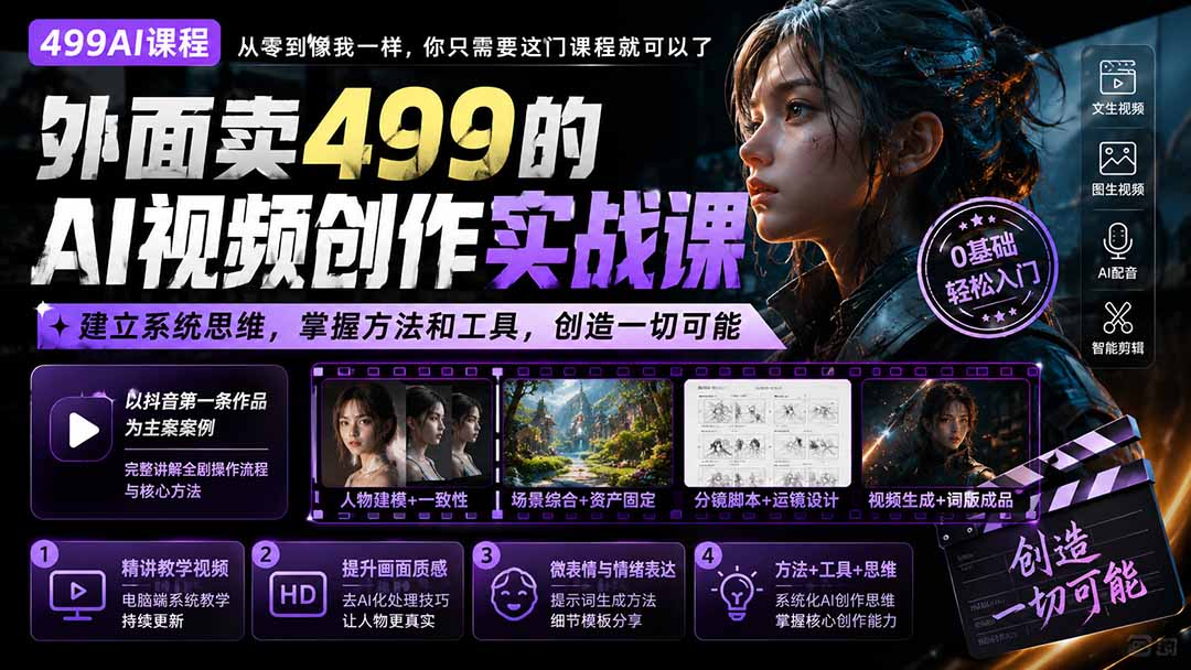 外面卖499的AI视频创作实战课：建立系统思维，掌握方法和工具，创造一切可能。-大川资源分享站
