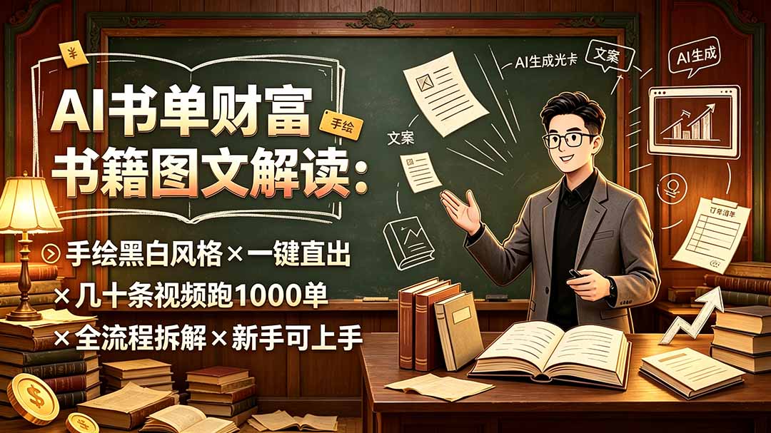 AI书单财富书籍图文解读：手绘黑白风格×一键直出×几十条视频跑1000单×全流程拆解×新手可上手-大川资源分享站