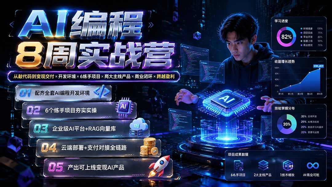 AI编程8周实战营：从敲代码到变现交付×开发环境×6练手项目×两大主线产品×商业闭环×跨越盈利-大川资源分享站