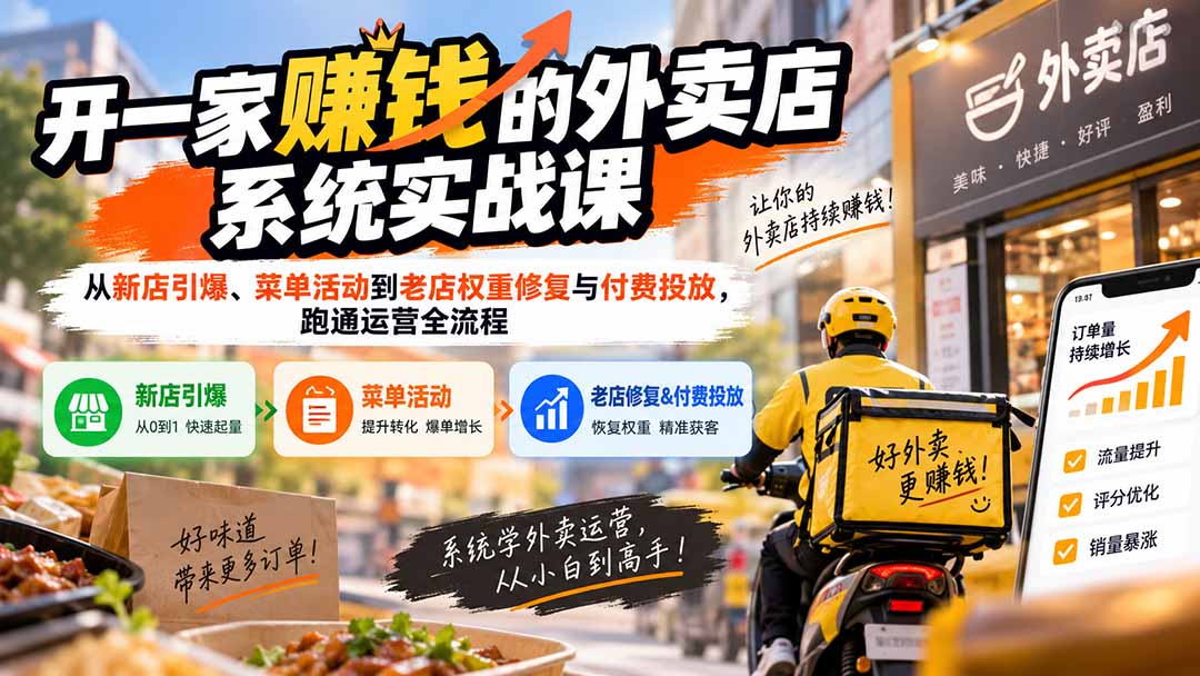 开一家赚钱的外卖店系统实战课：从新店引爆、菜单活动到老店权重修复与付费投放，跑通运营全流程-大川资源分享站