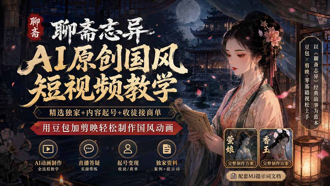 聊斋志异AI原创国风短视频教学；精选独家+内容起号+收徒接商单，用豆包加剪映轻松制作国风动画-大川资源分享站
