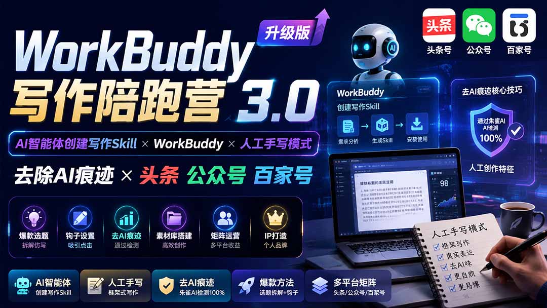 WorkBuddy写作陪跑营3.0-更新：Ai智能体创建写作Skill×WorkBuddy×人工手写模式×去除AI痕迹×头条公众号百家号-大川资源分享站