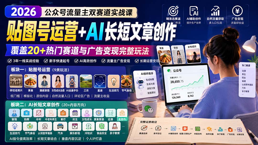 公众号流量主双赛道实战课：贴图号运营+AI长短文章创作，覆盖20+热门赛道与广告变现完整玩法-大川资源分享站