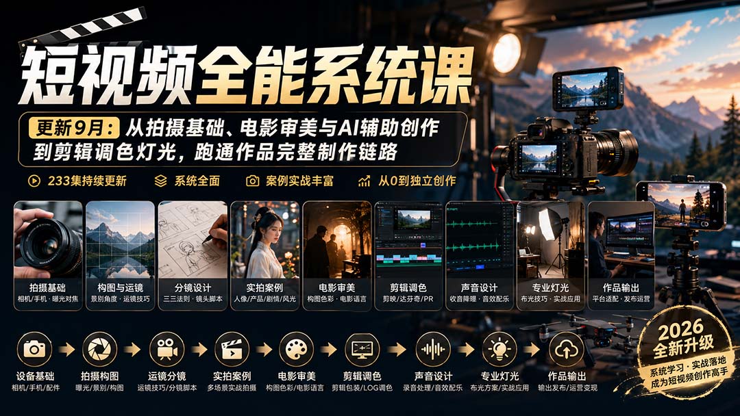 短视频全能系统课-更新8月233集：从拍摄基础、电影审美与AI辅助创作到剪辑调色灯光，跑通作品完整制作链路-大川资源分享站