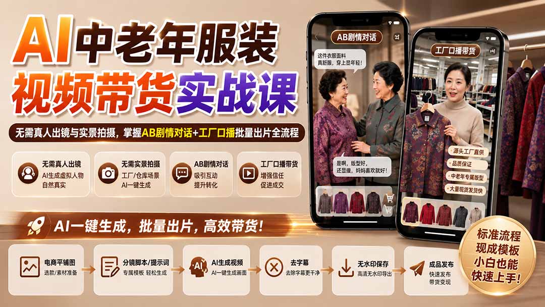 AI中老年服装视频带货实战课：无需真人出镜与实景拍摄，掌握AB剧情对话+工厂口播批量出片全流程-大川资源分享站