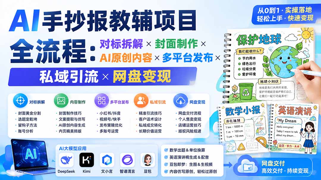 AI手抄报教辅项目全流程：对标拆解×封面制作×AI原创内容×多平台发布×私域引流×网盘变现-大川资源分享站