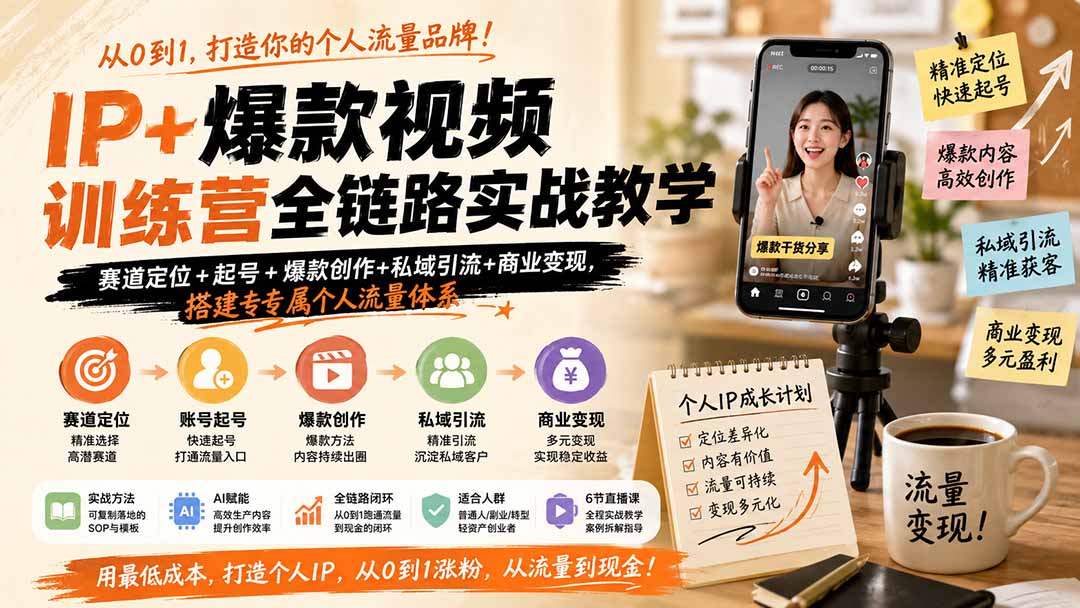 IP+爆款视频训练营全链路实战教学；赛道定位+起号+爆款创作+私域引流+商业变现，搭建专属个人流量体系-大川资源分享站