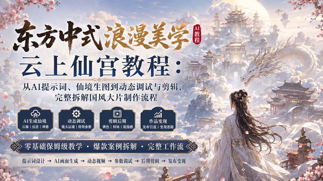 东方中式浪漫美学云上仙宫教程：从AI提示词、仙境生图到动态调试与剪辑，完整拆解国风大片制作流程-大川资源分享站