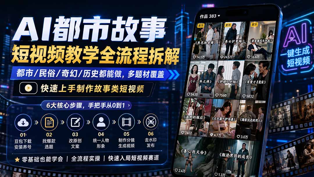 AI都市故事短视频教学全流程拆解；都市/民俗/奇幻/历史都能做多题材覆盖，快速上手制作故事类短视频-大川资源分享站