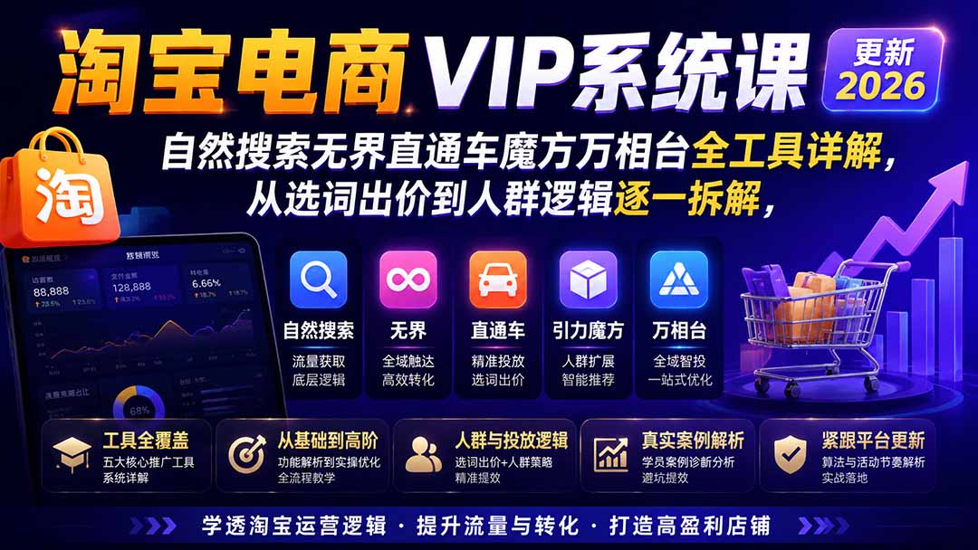 图片[1]-淘宝电商VIP系统课-更新8月；自然搜索无界直通车魔方万相台全工具详解，从选词出价到人群逻辑逐一拆解-大川资源分享站