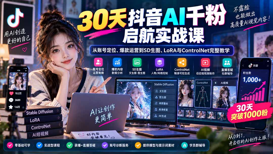 30天抖音AI千粉启航实战课：从账号定位、爆款运营到SD生图、LoRA与ControlNet完整教学-大川资源分享站