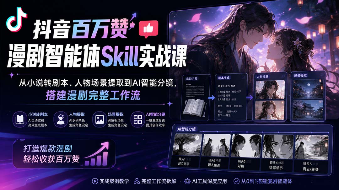 抖音百万赞漫剧智能体Skill实战课：从小说转剧本、人物场景提取到AI智能分镜，搭建漫剧完整工作流-大川资源分享站