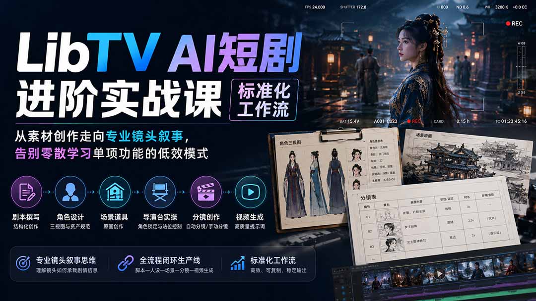 LibTV AI短剧进阶实操课标准化工作流；从素材创作走向专业镜头叙事，告别零散学习单项功能的低效模式-大川资源分享站