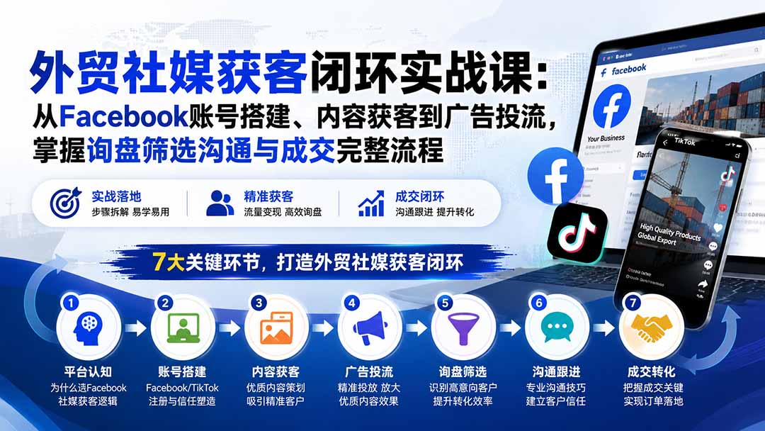 外贸社媒获客闭环实战课：从Facebook账号搭建、内容获客到广告投流，掌握询盘筛选沟通与成交完整流程-大川资源分享站