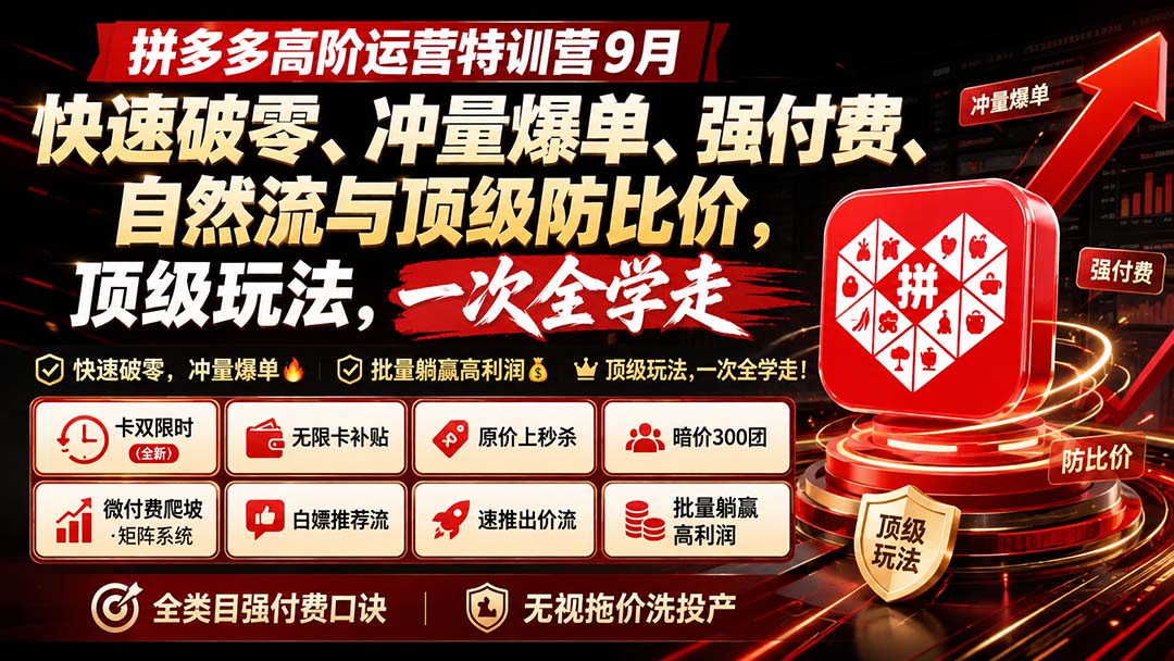 拼多多高阶运营特训营9月：快速破零、冲量爆单、强付费、自然流与顶级防比价， 顶级玩法，一次全学走-大川资源分享站