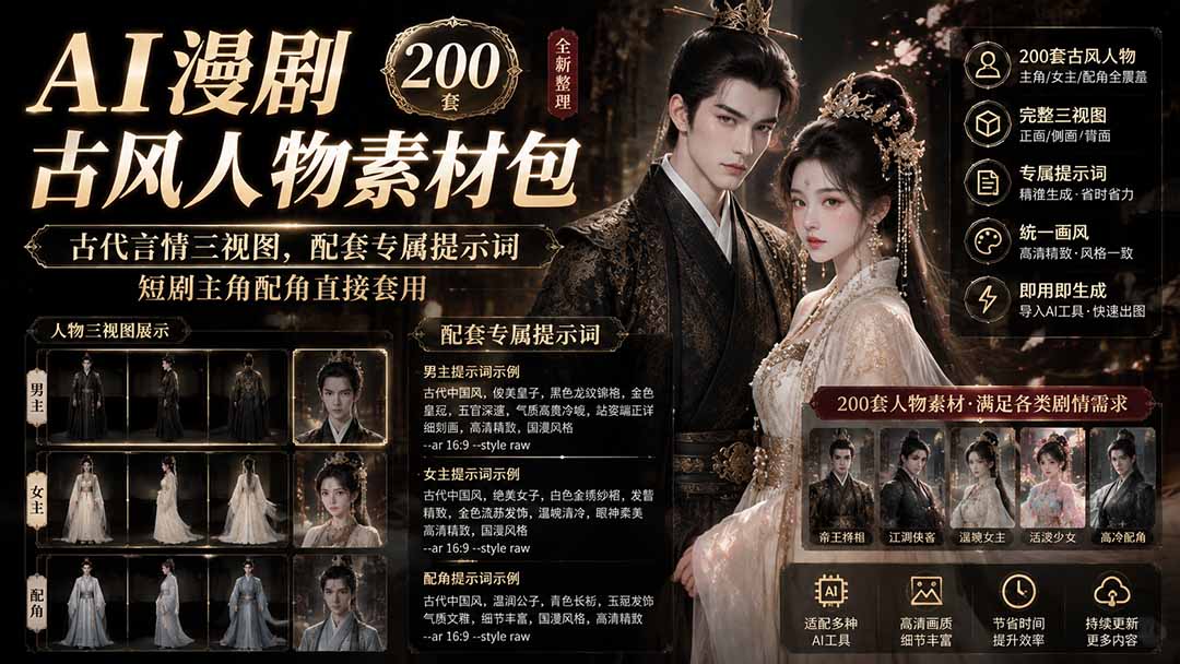 图片[2]-AI漫剧古风人物素材包+提示词｜200 套古代言情三视图，配套专属提示词短剧主角配角直接套用-大川资源分享站