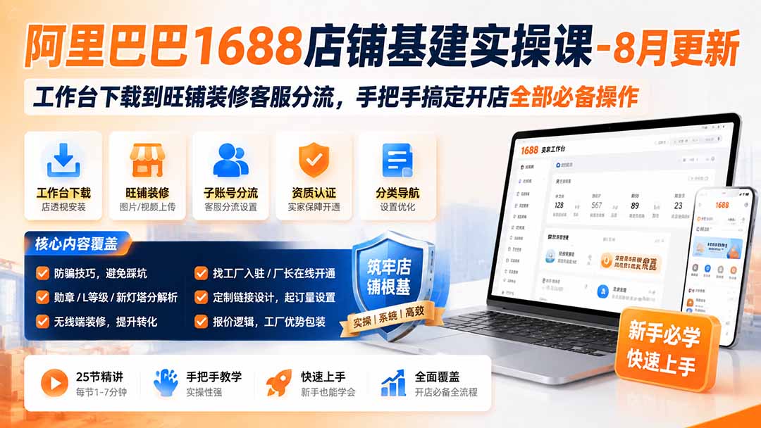 阿里巴巴1688店铺基建实操课-8月更新；工作台下载到旺铺装修客服分流，手把手搞定开店全部必备操作-大川资源分享站