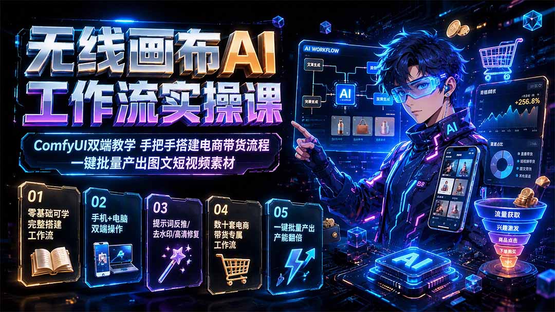 图片[2]-无线画布AI工作流实操课｜ComfyUI双端教学，手把手搭建电商带货流程，一键批量产出图文短视频素材-大川资源分享站