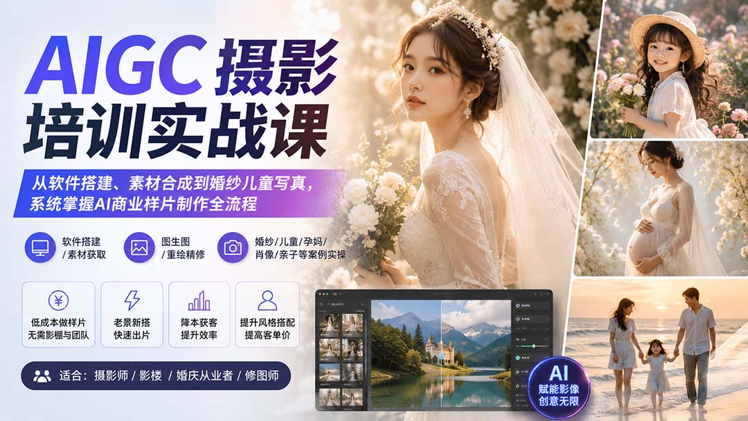 AIGC摄影培训实战课：从软件搭建、素材合成到婚纱儿童写真，系统掌握AI商业样片制作全流程-大川资源分享站