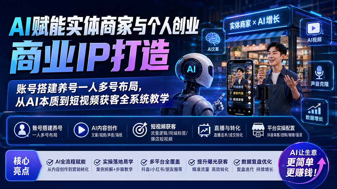 AI赋能实体商家与个人创业商业IP打造；账号搭建养号一人多号布局，从AI本质到短视频获客全系统教学-大川资源分享站
