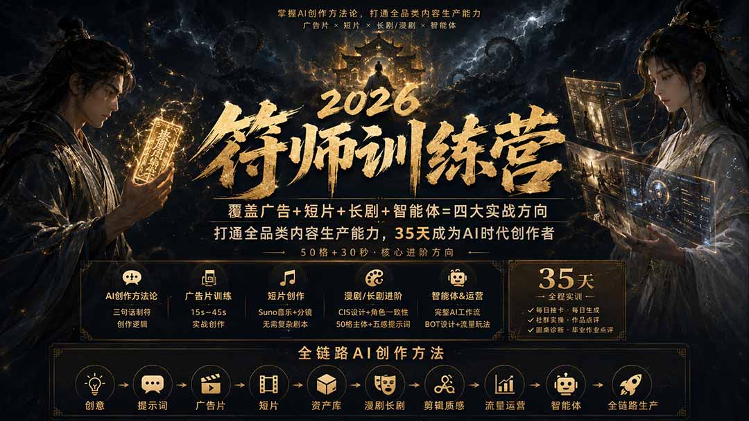 图片[2]-符师训练营-35天成为AI时代创作者，广告+短片+漫剧+智能体四大实战方向，掌握从创意到上线的完整工作流-大川资源分享站
