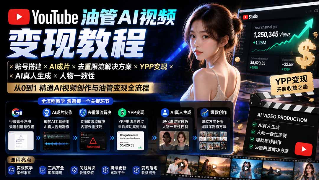 YouTube油管AI视频变现教程-更新：账号搭建×AI成片×去重限流解决方案×YPP变现×AI真人生成×人物一致性-大川资源分享站
