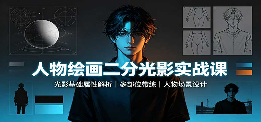 人物绘画二分光影实战课：光影基础属性解析，多部位带练，人物场景设计-大川资源分享站