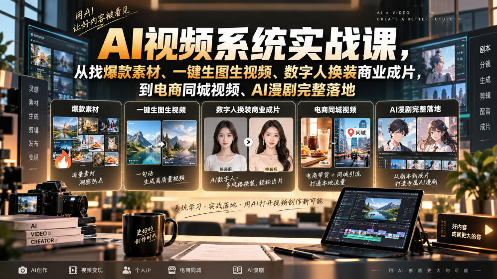 AI视频系统实战课，从找爆款素材、一键生图生视频、数字人换装商业成片，到电商同城视频、AI漫剧完整落地-大川资源分享站