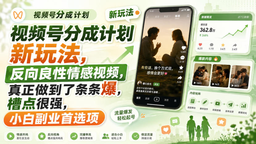 视频号分成计划新玩法，反向良性情感视频，真正做到了条条爆，槽点很强，小白副业首选项-大川资源分享站