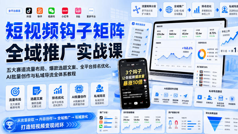 短视频钩子矩阵全域推广实战课｜五大赛道流量布局、爆款选题文案、全平台排名优化、AI批量创作与私域导流全体系教程-大川资源分享站