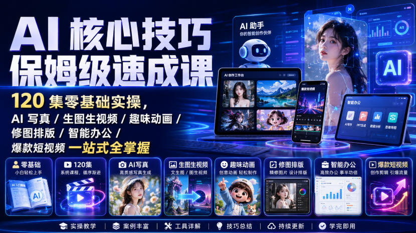 AI核心技巧保姆级速成课｜120集零基础实操，AI写真/生图生视频/趣味动画/修图排版/智能办公/爆款短视频一站式全掌握-大川资源分享站