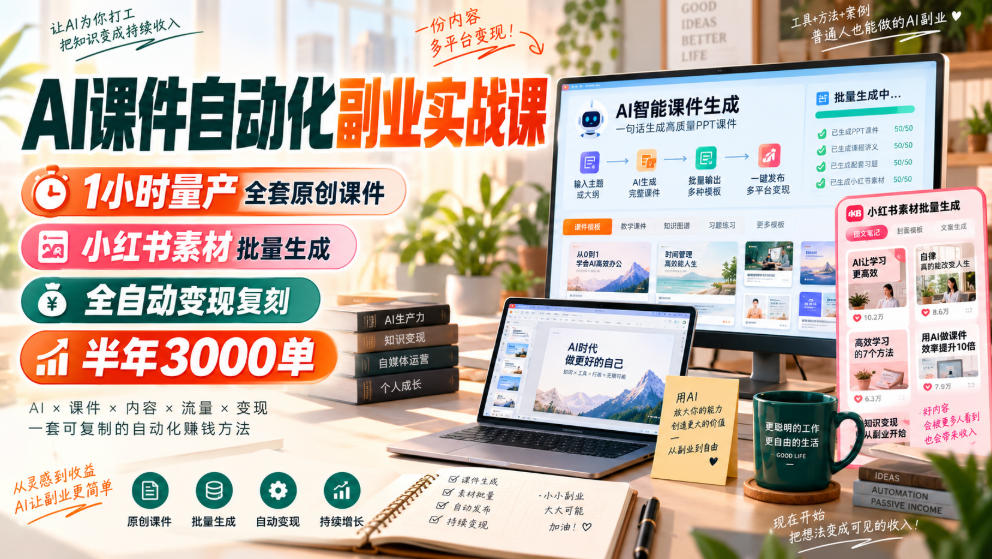 AI课件自动化副业实战课，1小时量产全套原创课件，小红书素材批量生成，全自动变现复刻，半年3000单-大川资源分享站