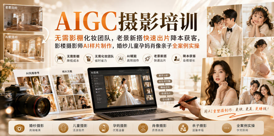 AIGC摄影培训｜无需影棚化妆团队，老景新搭快速出片降本获客，影楼摄影师AI样片制作，婚纱儿童孕妈肖像亲子全案例实操-大川资源分享站