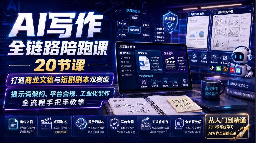 AI写作全链路陪跑课｜20节课打通商业文稿与短剧剧本双赛道，提示词架构、平台合规、工业化创作全流程手把手教学-大川资源分享站