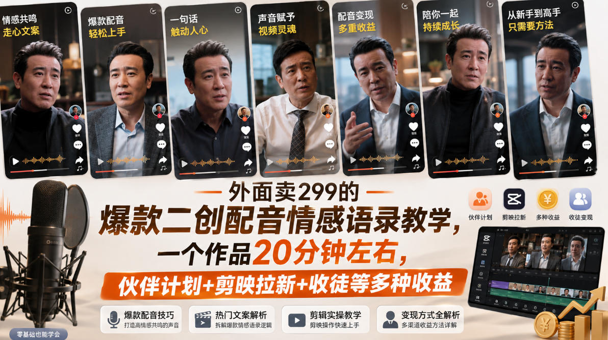 外面卖299的爆款二创配音情感语录教学，一个作品20分钟左右，伙伴计划+剪映拉新+收徒等多种收益-大川资源分享站