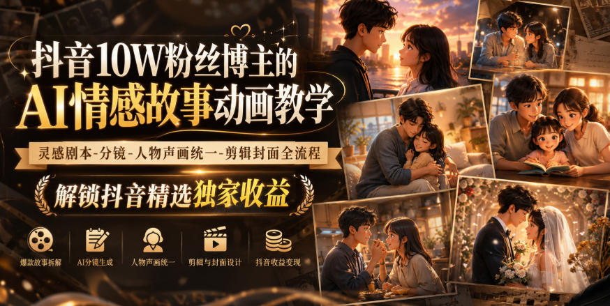 抖音10W粉丝博主的AI情感故事动画教学，灵感剧本‑分镜‑人物声画统一‑剪辑封面全流程，解锁抖音精选独家收益-大川资源分享站