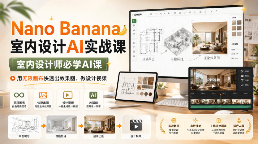 Nano Banana室内设计AI实战课，室内设计师必学AI课，用无限画布快速出效果图、做设计视频-大川资源分享站
