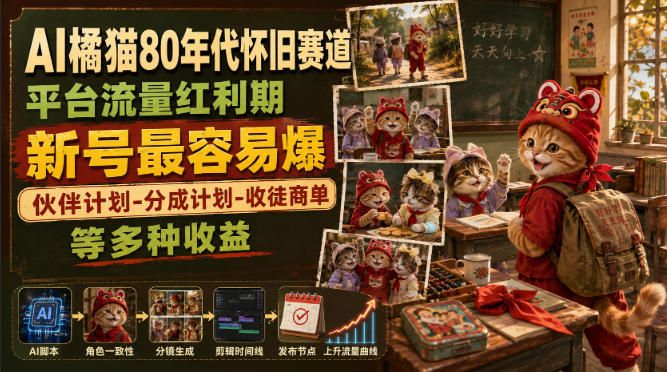 AI橘猫80年代怀旧赛道，平台流量红利期，新号最容易爆，伙伴计划-分成计划-收徒商单等多种收益-大川资源分享站