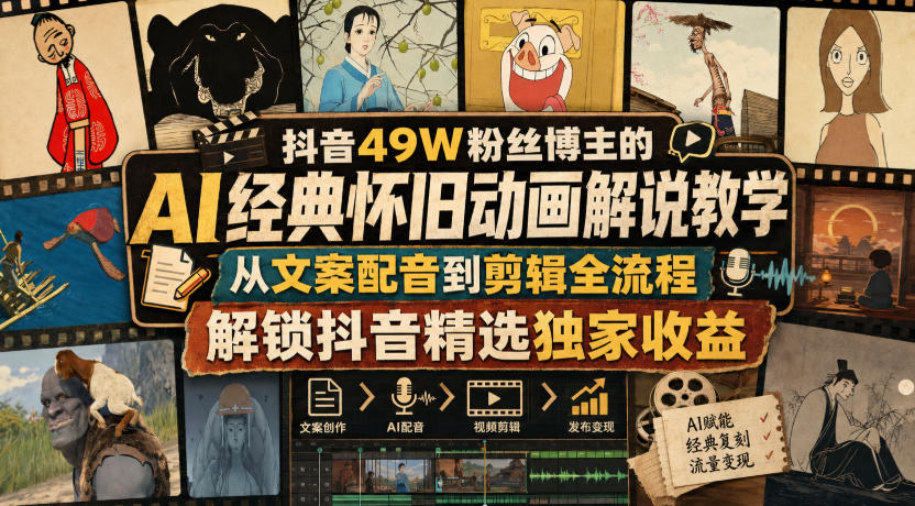 抖音49W粉丝博主的AI经典怀旧动画解说教学，从文案配音到剪辑全流程，解锁抖音精选独家收益-大川资源分享站