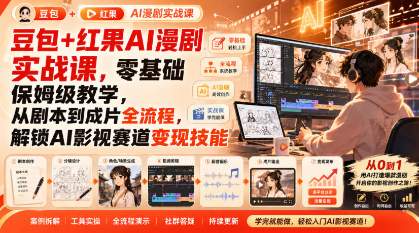 豆包+红果AI漫剧实战课，零基础保姆级教学，从剧本到成片全流程，解锁AI影视赛道变现技能-大川资源分享站