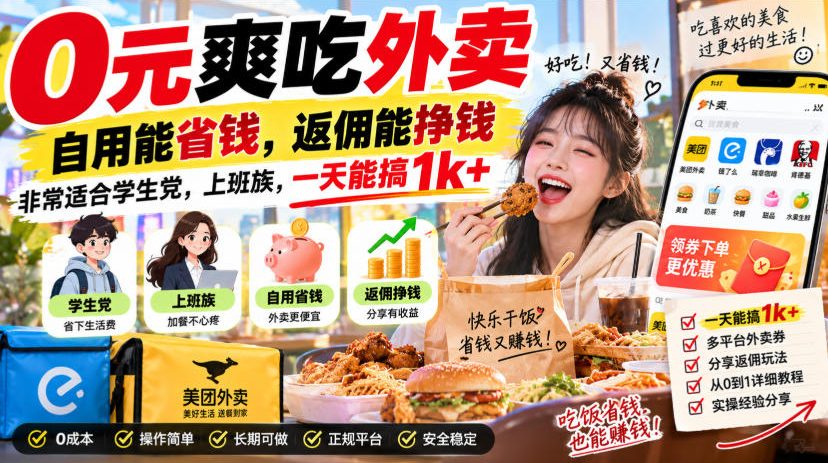 0元爽吃外卖，自用能省钱，返佣能挣钱，非常适合学生党，上班族，一天能搞1k+-大川资源分享站
