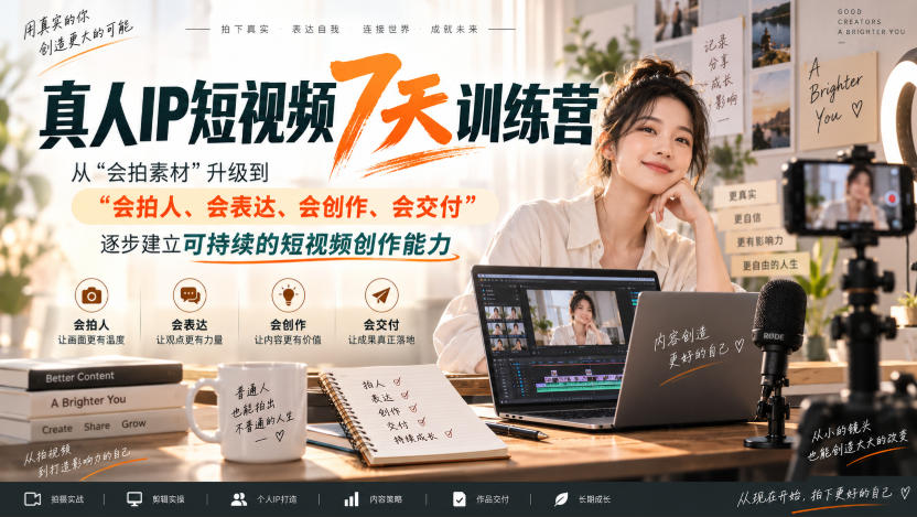 真人IP短视频7天训练营，从“会拍素材”升级到“会拍人、会表达、会创作、会交付”，逐步建立可持续的短视频创作能力-大川资源分享站