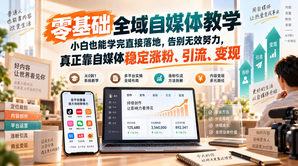 零基础全域自媒体教学，小白也能学完直接落地，告别无效努力，真正靠自媒体稳定涨粉、引流、变现-大川资源分享站