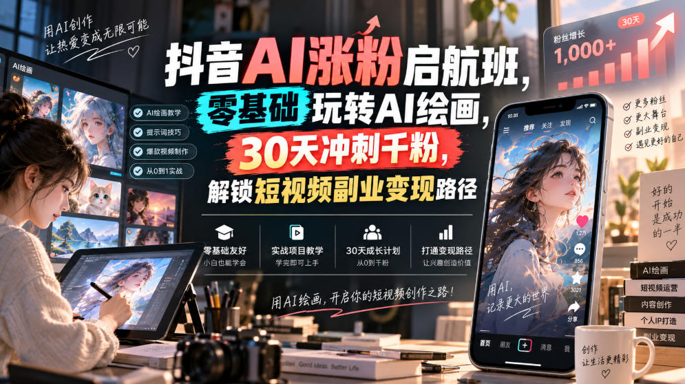 抖音AI涨粉启航班，零基础玩转AI绘画，30天冲刺千粉，解锁短视频副业变现路径-大川资源分享站