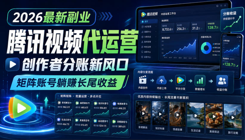 2026最新副业之腾讯视频代运营：创作者分账新风口，矩阵账号躺賺长尾收益【揭秘】-大川资源分享站