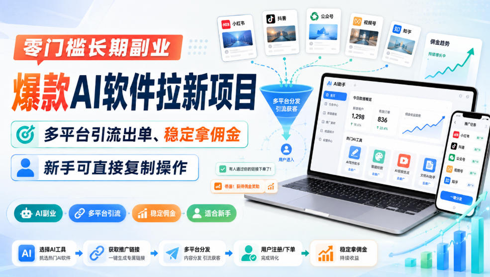 零门槛长期副业，爆款AI软件拉新项目，多平台引流出单、稳定拿佣金，新手可直接复制操作-大川资源分享站